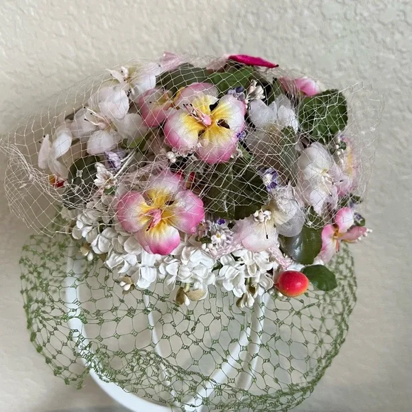 Accessories | Vintage 196s Floral And Berry Veiled Hat 